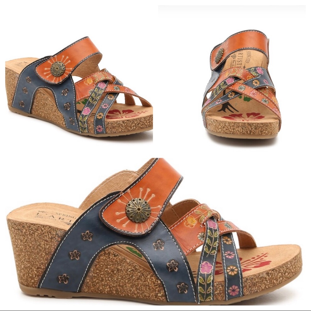 42/10 L’Artiste “Jadora” Leather Cork Platform Wedge BoHo Chic 🌸 Strappy Sandal